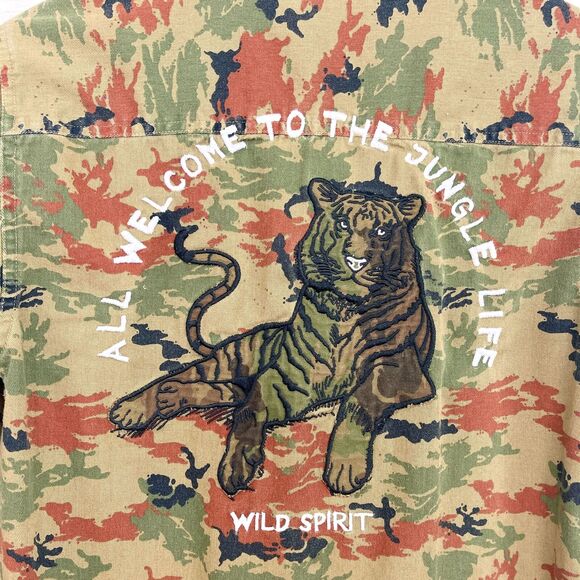 Zara Man Camo Denim Shirt Brown Embroidered Tiger Relaxed Fit Casual Mens Small - Picture 5 of 11